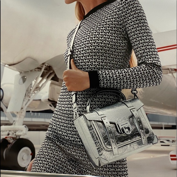 Michael Kors Manhattan Medium Red Leather Satchel Crossbody Bag Silver - Picture 11 of 11